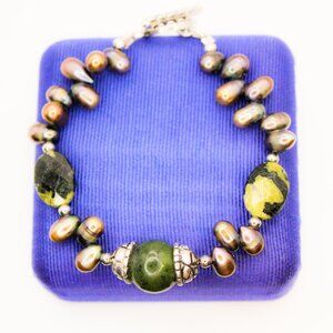 925 Sterling Silver BARSE Signed 2 Tone Green Tourmaline Peacock Pearl Bracelet